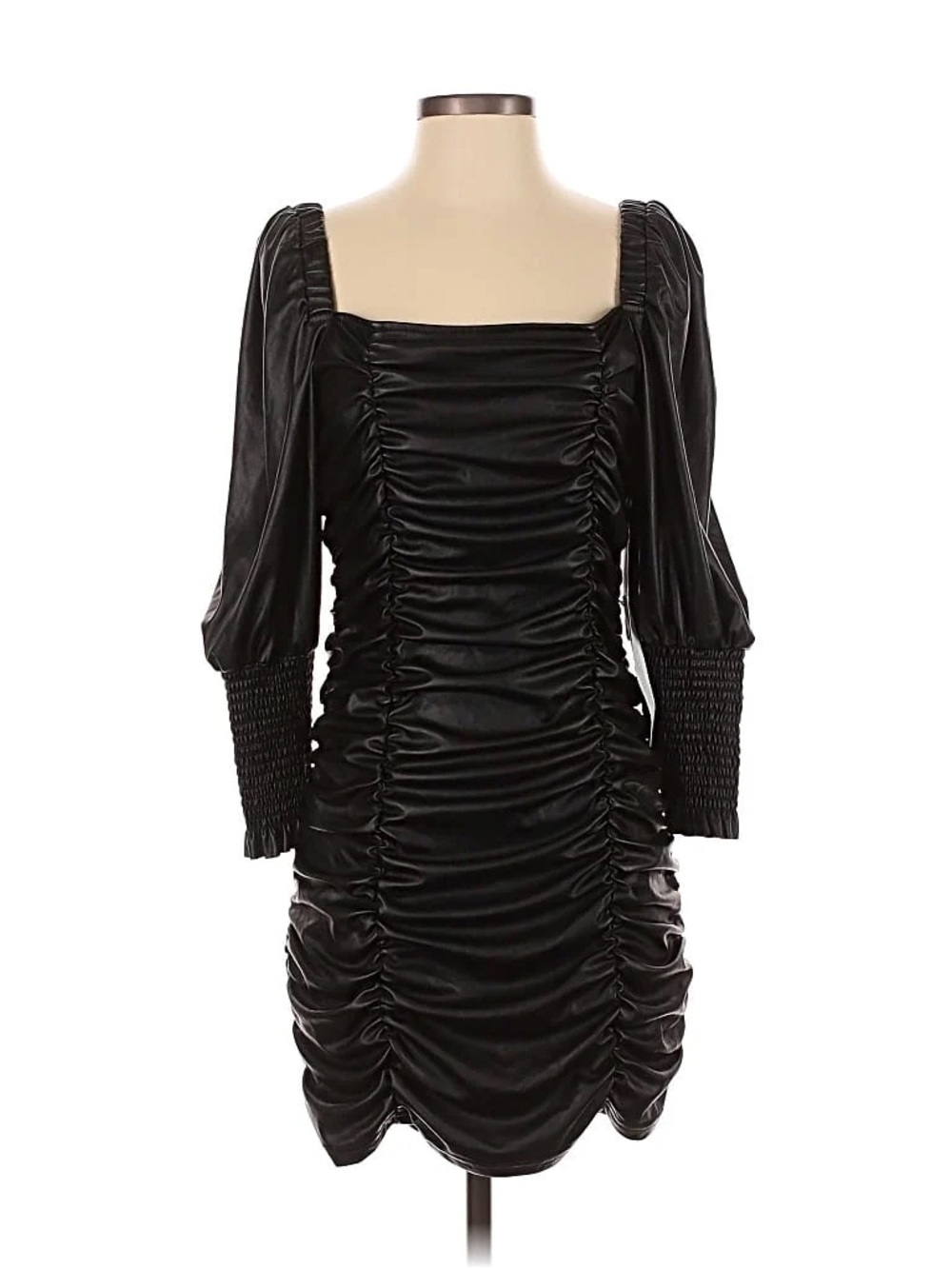 Topshop Black Ruched Satin Long-Sleeve Mini Dress